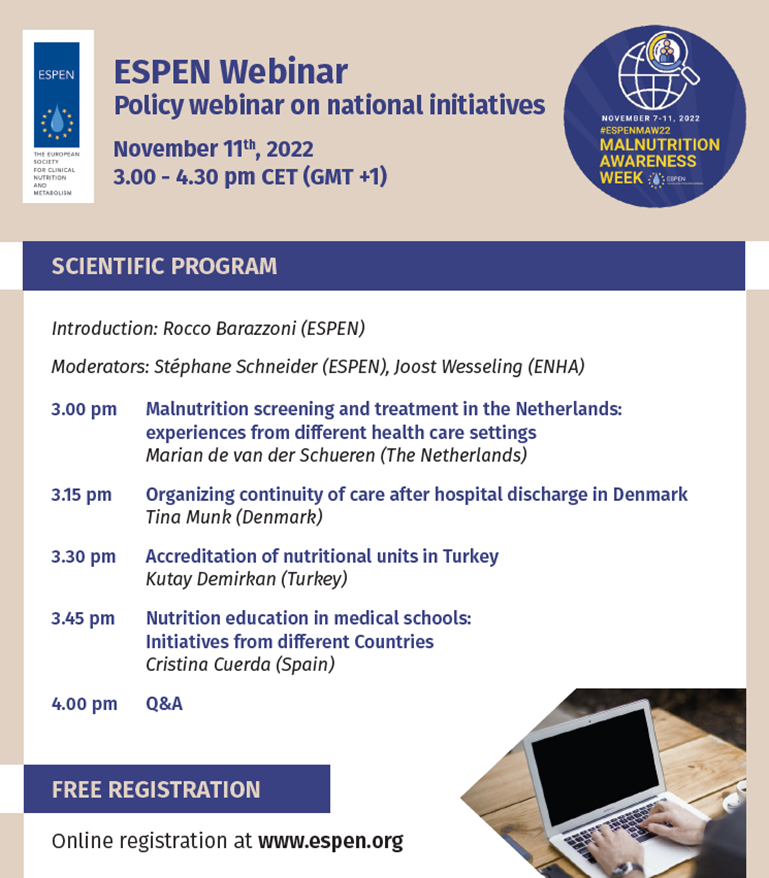 ESPENorg's tweet photo. 📅 Have you signed up for ESPEN’s policy webinar at 15:00 CET on 11 Nov? 

✔️best practices in malnutrition screening and treatment
✔️ continuity of nutritional care 
✔️ experiences of nutrition education in medical schools. 
 #ESPENMAW22 

https://t.co/GXo6lxvWOy https://t.co/tGQJS2xTBs