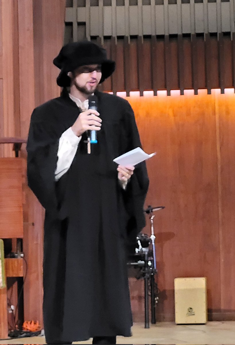 AdventistThe's tweet photo. Ulrich Zwingli visiting to advertise the upcoming Radical Reformation drama: "I'm totally not the villain in this story..."

#Adventist https://t.co/HnuJpFkgWD