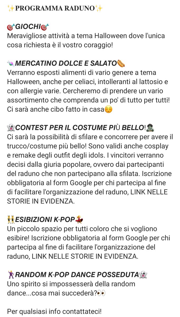 per chi è di Vicenza ➡️ lunedì 31 ottobre, negli orari indicati qua sotto, faranno un raduno kpop a tema Halloween🎃
ci sarà pure un contest per il makeup/costume più bello, quindi se volete iscrivervi andate qui: surveyheart.com/form/6350104d7…