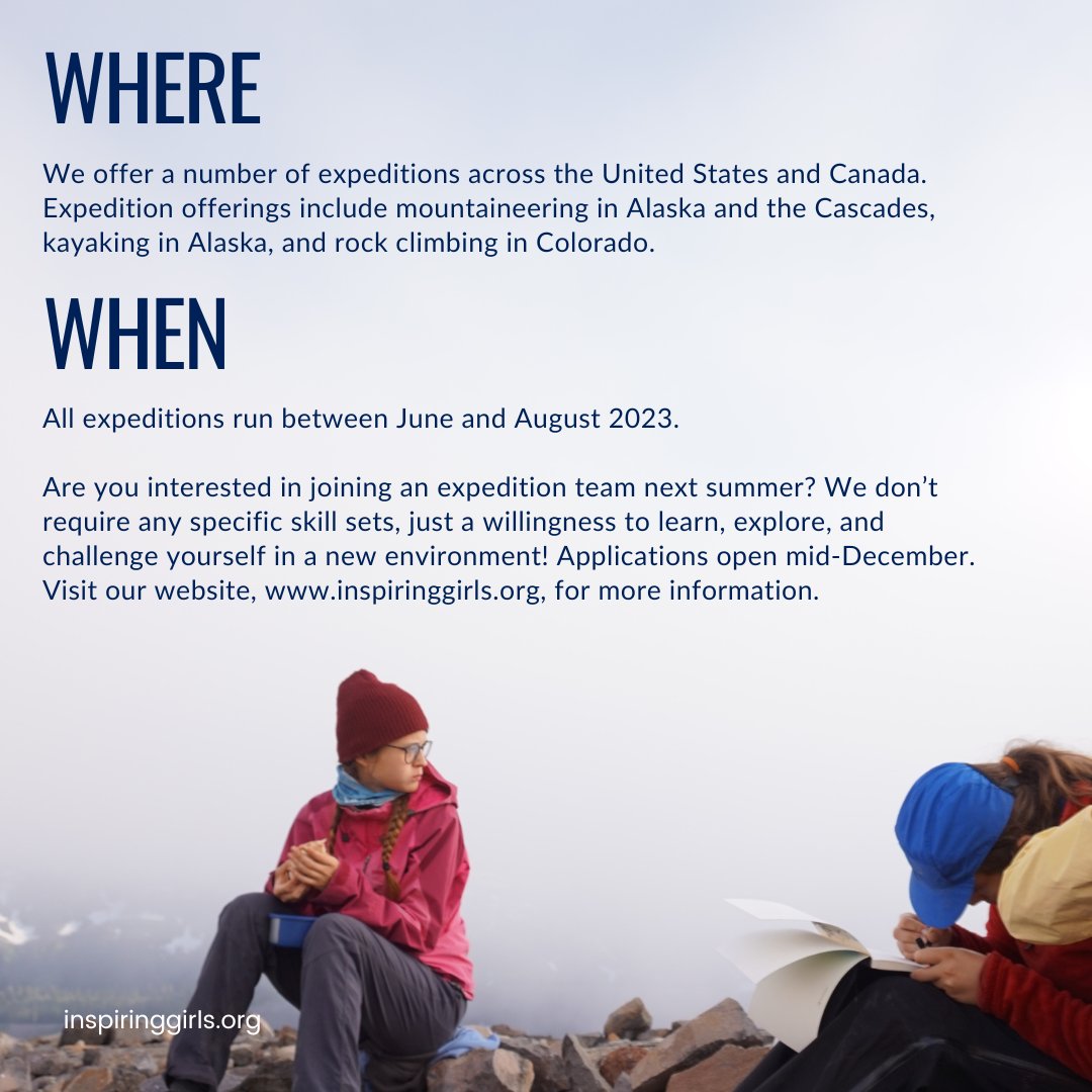 Hello social media friends! It’s been awhile since we last posted… So, here’s a reintroduction of sorts! Swipe to learn more. 🗻🏔 
#InspiringGirlsExpeditions #IGE #WomeninSTEM #WomenOutside #WomenInArt #ExploreMore