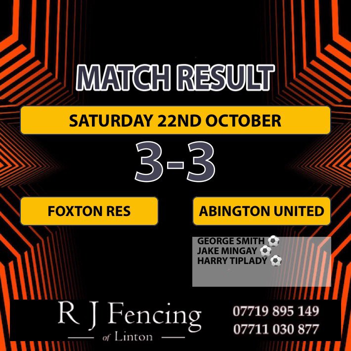 AbingtonFc's tweet photo. FULL TIME! @FoxtonFCRes 3-3 Abington United. A disappointing result given we went 3-0 up in the first half but we will take a draw against second place! 

Our goals:
@George_smith20 ⚽️
Jake Mingay ⚽️
@Tippers7_ ⚽️🚀 https://t.co/Qkf9AUtSOE