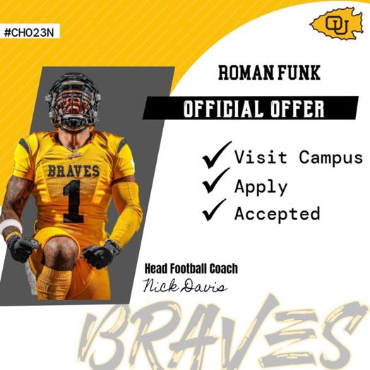 Extremely blessed and thankful to receive an offer to continue my athletic and academic career at Ottawa University Kansas!!    <a href="/OttawaBravesFB/">Ottawa Braves Football</a> <a href="/CoachHennes/">Tyler Hennes</a> @QBManuch <a href="/CoachPerrone/">Coach Perrone (My Recruits)</a> <a href="/litten_andy/">Andy Litten</a>