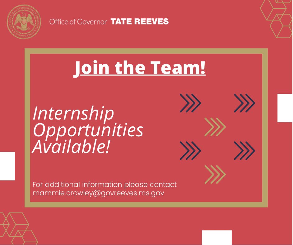 tatereeves's tweet photo. We’re now accepting applications from college students who are interested in participating in our winter internship program!

If you’d like to join our team and experience working a legislative session, please reach out to Mammie.Crowley@GovReeves.ms.gov for more information. https://t.co/Fxa25OOHlb