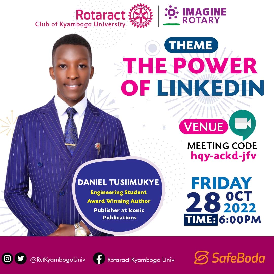 Dtusiimukye's tweet photo. Join us this Friday 28th October at 6:00 pm as I'll be hosted by the Rotaract Club Of Kyambogo University.

I'll be expounding on the Power of LinkedIn as a social and professional channel in today's digital age.

Will be grateful having you.

Lovely weekend 🥰 https://t.co/JaPDOIrJv5