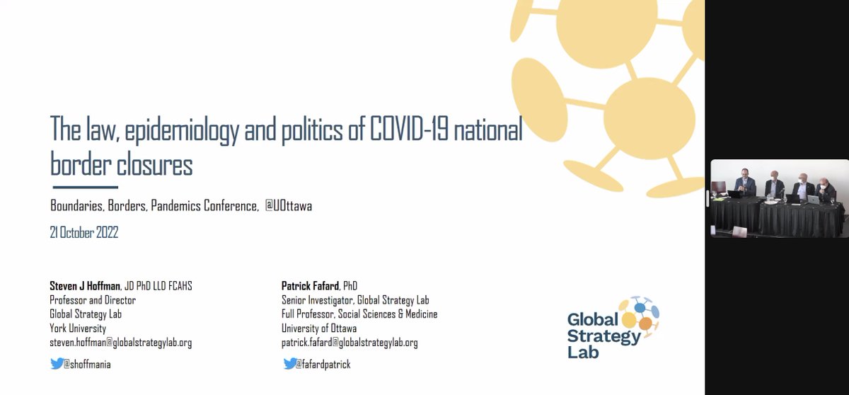 Up next at @OttawaHealthLaw's conference: GSL Director @shoffmania and Senior Investigator @FafardPatrick to present on “The law, epidemiology and politics of COVID-19 national border closures'