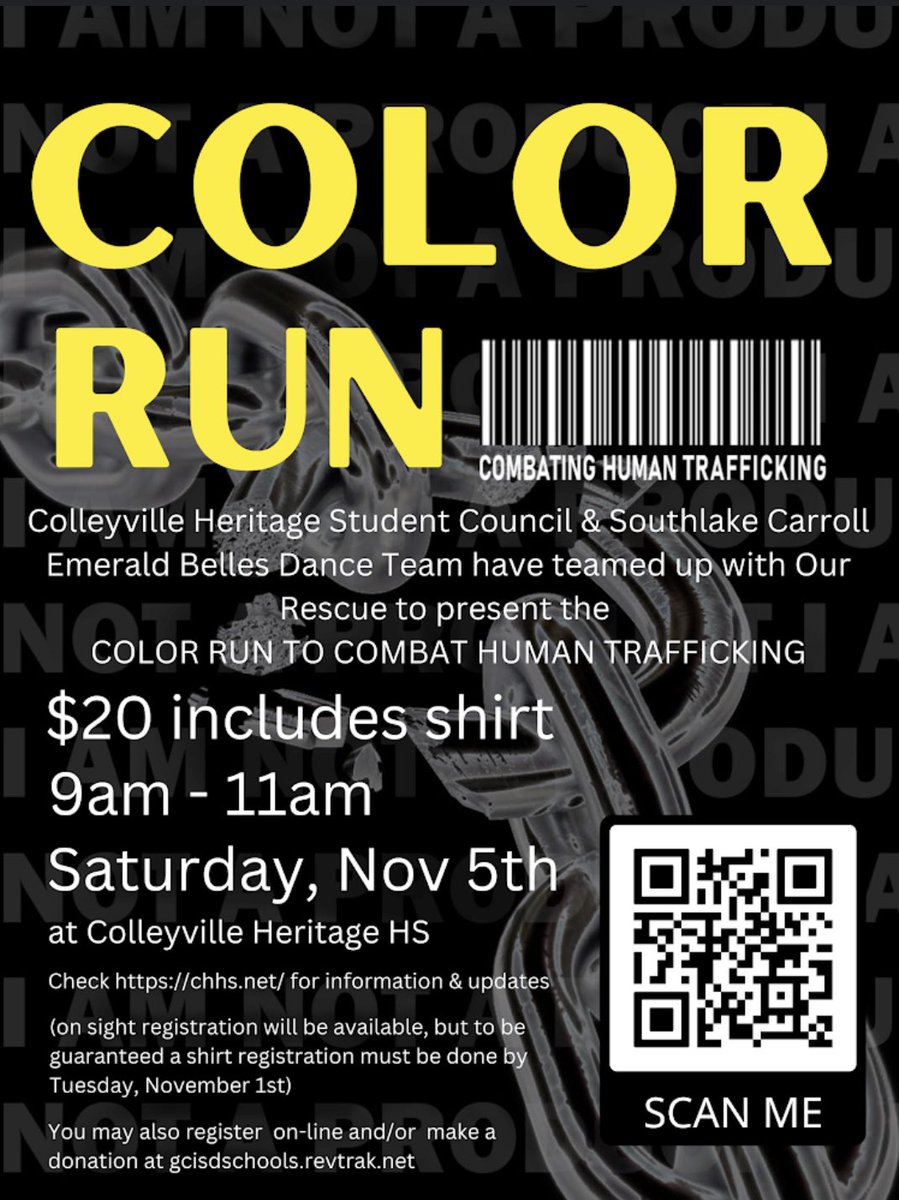 Please join us for our 9th annual color run!! All the money will be going to O.U.R rescue that saves people’s life’s around the world!!🌎 💗You can also scan our QR or click this link to donate/signup: gcisdschools.revtrak.net/CHHS-Color-Run…          @OURrescue  #everychildmatters  #youmatter