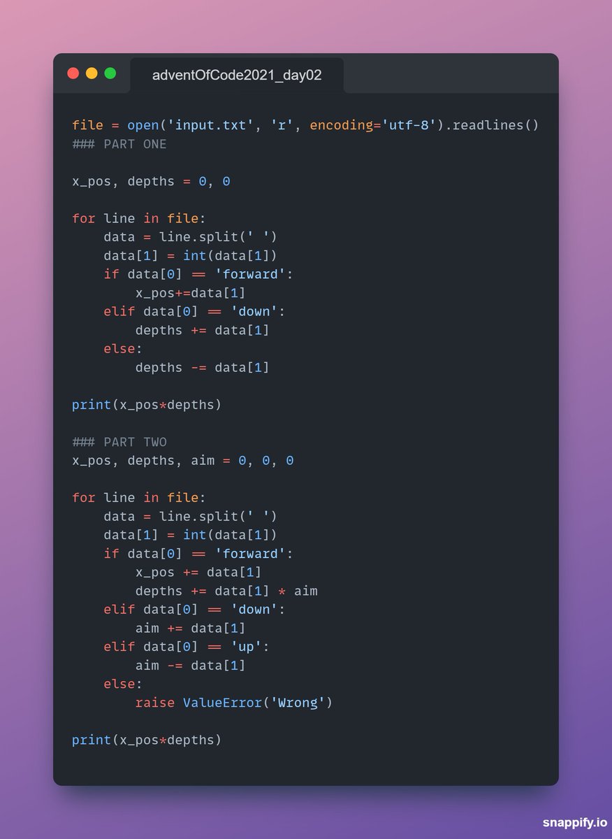 I just completed "Dive!" - Day 2 - Advent of Code 2021 adventofcode.com/2021/day/2 #AdventOfCode