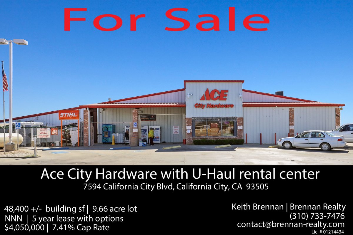 BrennanRealty's tweet photo. NNN For Sale - Ace City Hardware with U-Haul Rental Center - California City, California City. Built 2003/2021. GLA: 48,400 sf. The main building is 24,900 sf. 6 structures on a 9.66 acre lot. Development potential for 4 acres. Real estate $4,050,000. Business  $2,500,000. https://t.co/BOkRWzGQHA