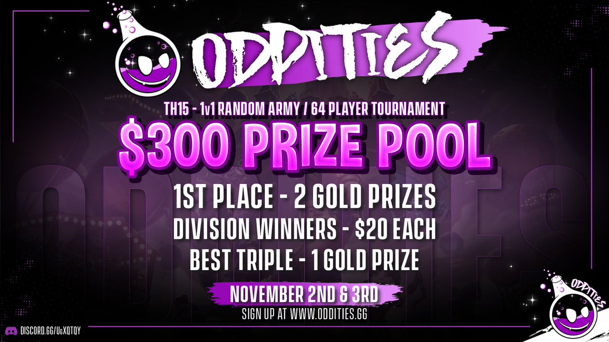 We will be hosting a 1vs1 random army TH15 event. We will have 4 streamers each in charge of a 16 man bracket. Prizes and event details, including sign up form are on the website

oddities.gg