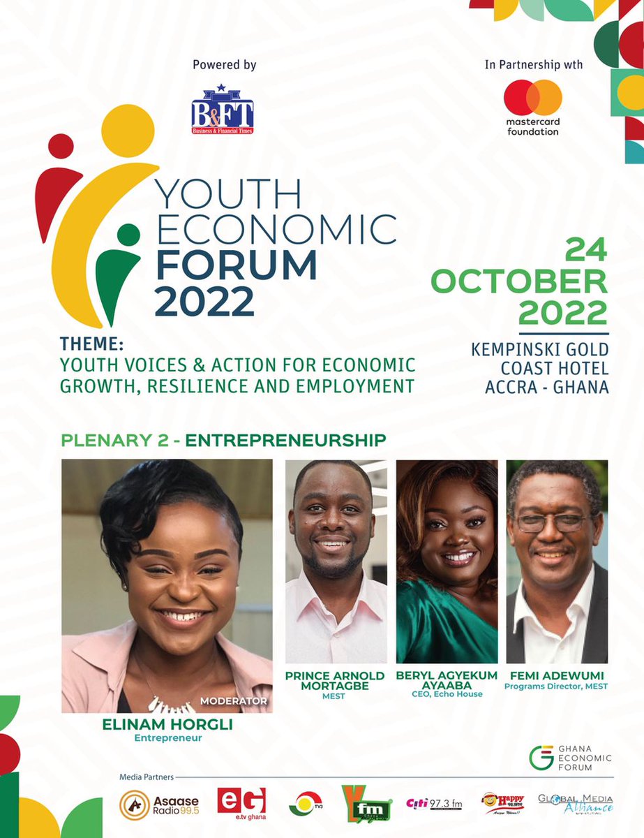 bftghana's tweet photo. Join us on #bftonline on Facebook and YouTube as we stream live Youth Economic Forum's 2nd Plenary as our panelists discuss the topic #Entreprenuership 
#YouthEconomicForum22 #YEF22 https://t.co/prKLhpJC1d