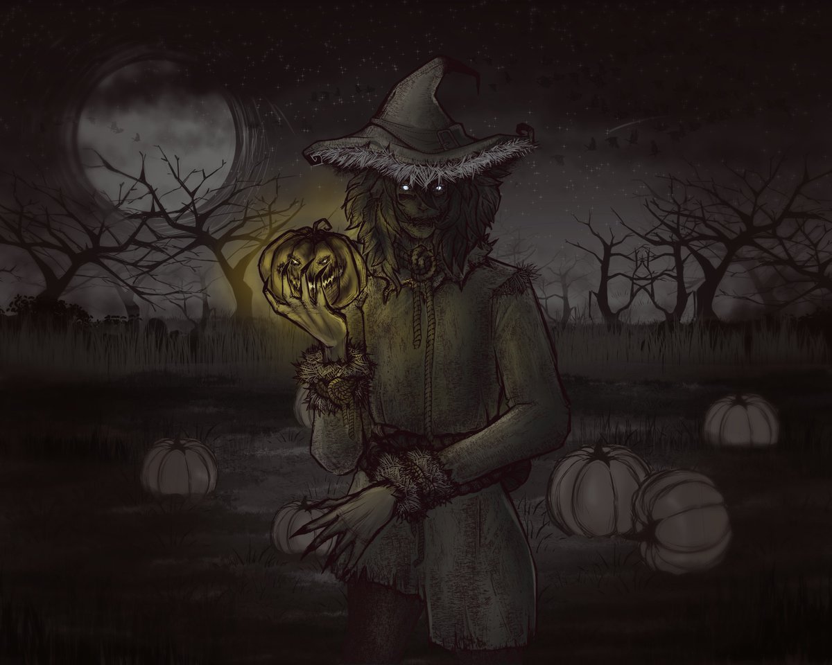 LaurelDrop's tweet photo. Who is that standing in the middle of the pumpkin patch? Oh, it's just the old scarecrow, but don't get too close now, he might bite. #oc #Halloween2022 #pumpkin #scarecrow #clipstudiopaint https://t.co/XMVXynbFXl