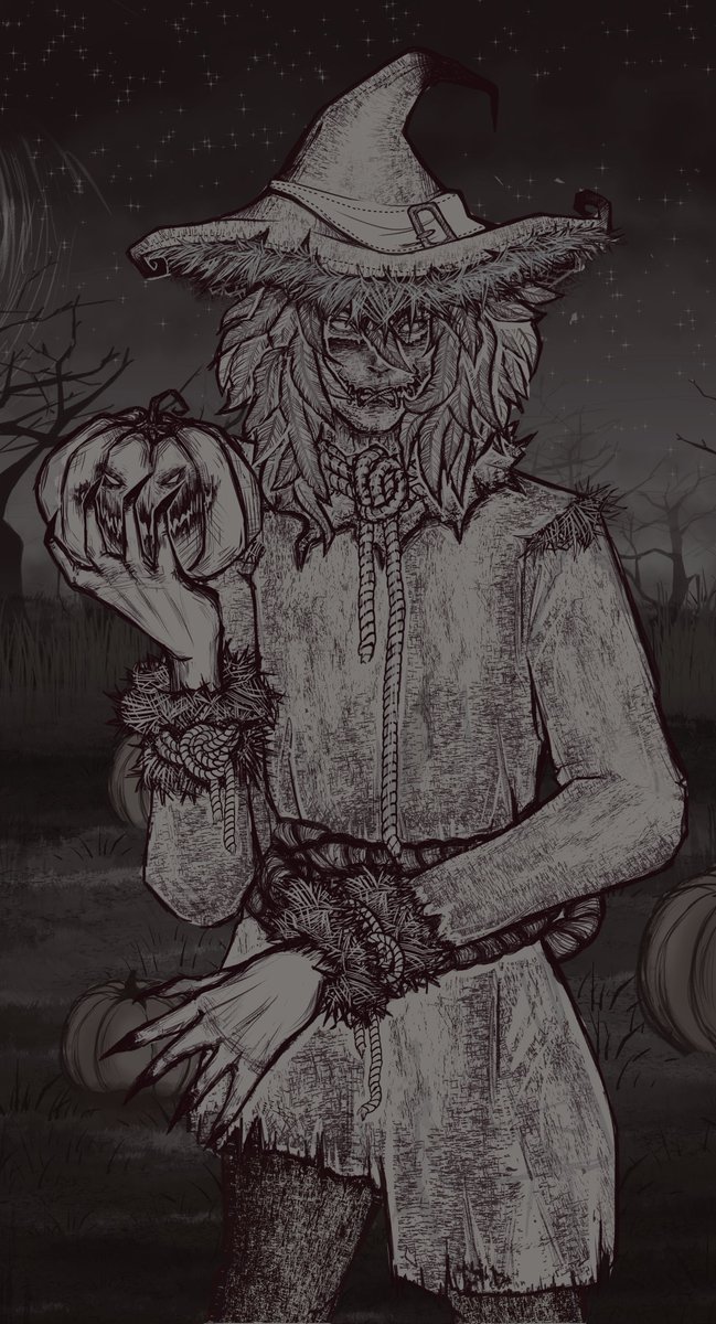 LaurelDrop's tweet photo. Who is that standing in the middle of the pumpkin patch? Oh, it's just the old scarecrow, but don't get too close now, he might bite. #oc #Halloween2022 #pumpkin #scarecrow #clipstudiopaint https://t.co/QvVmLa0JU8