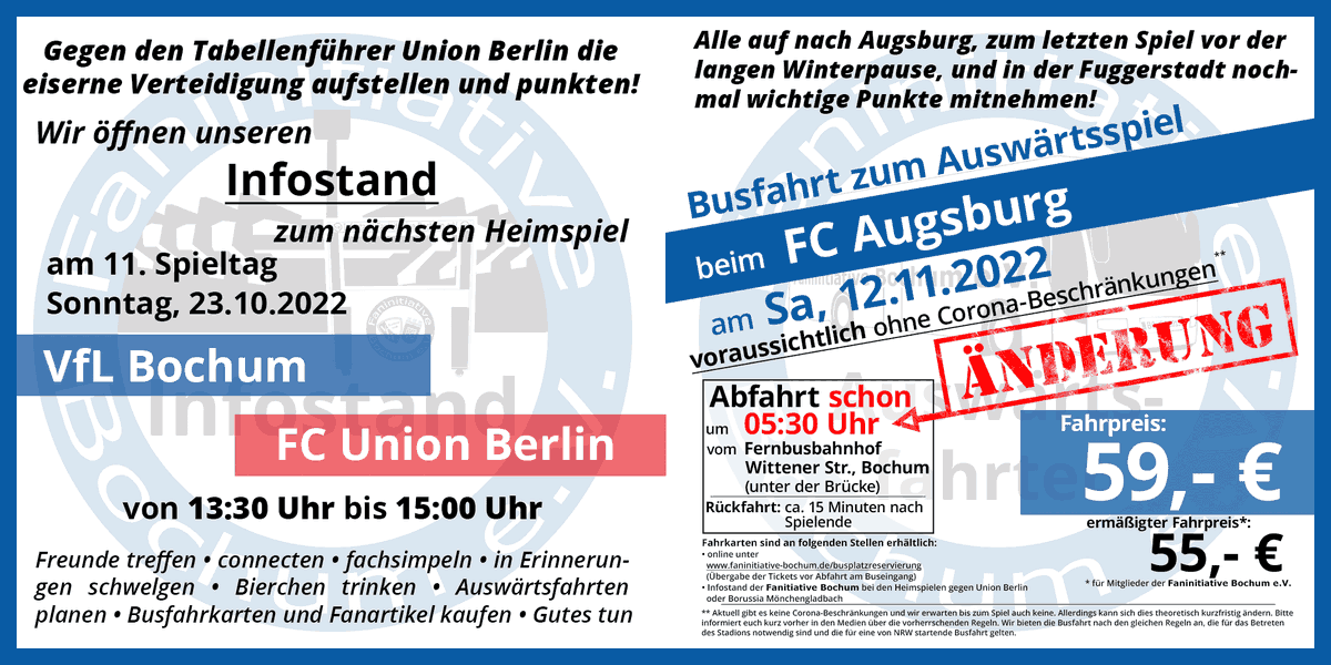 FaniniBo's tweet photo. Nach der erfolgreichen Nebel-Schlacht von Elversberg ist morgen der überraschende Tabellenführer @fcunion Berlin bei uns zu Gast &amp; wir öffnen unseren Infostand.
WICHTIG: Die Abfahrt der Busfahrt nach Augsburg wurde um eine halbe Std. vorverlegt! Kommt vorbei! #meinVfL #BOCFCU https://t.co/om8UqeH8dB