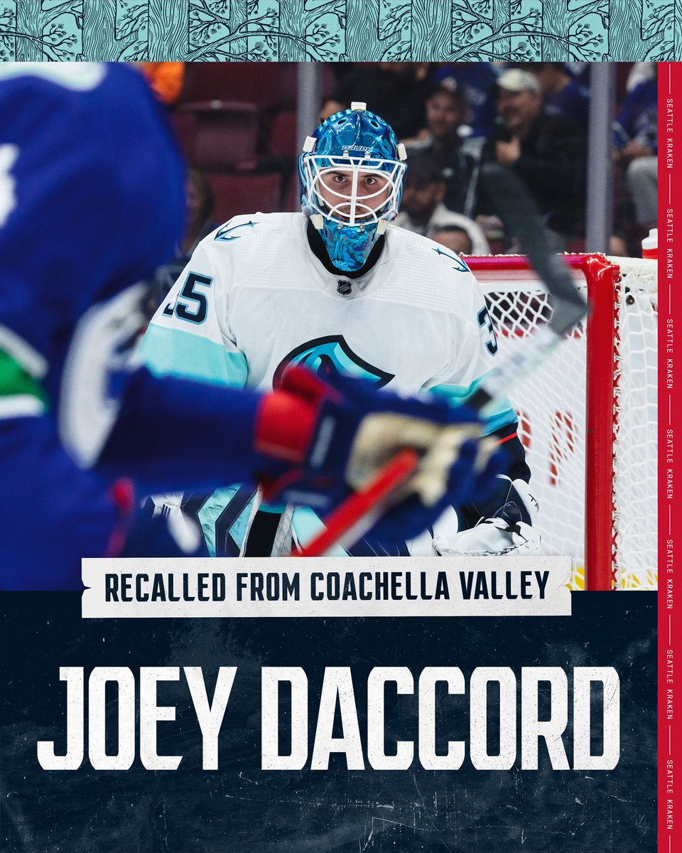 The #SeaKraken have recalled goaltender Joey Daccord from the Coachella Valley @Firebirds.