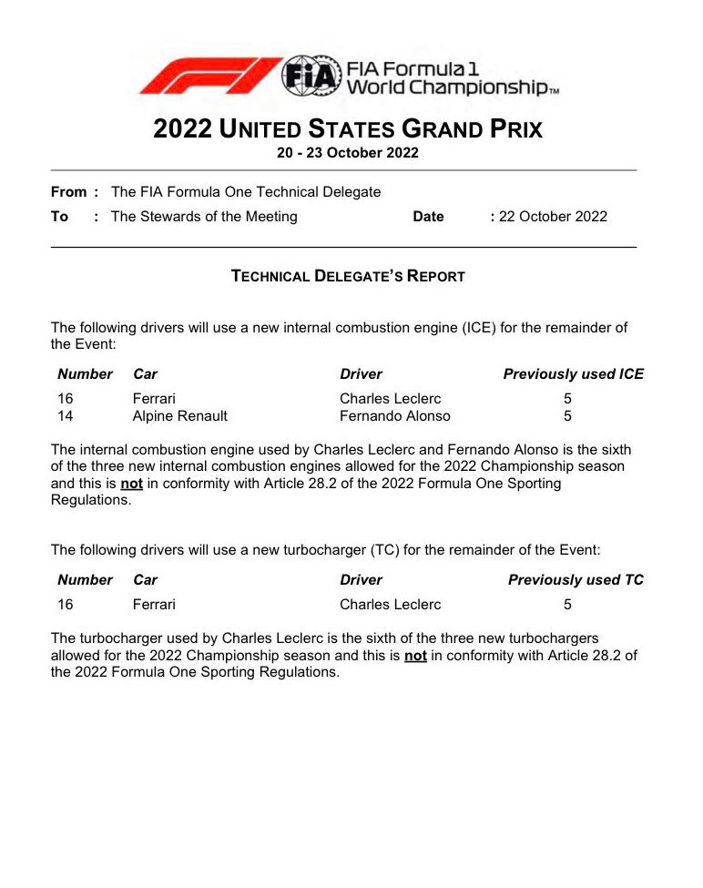 🚨 Charles Leclerc, yeni bir içten yanmalı motor ve turboya geçtiği için 10 sıra grid cezası aldı. Ayrıca Fernando Alonso da yeni içten yanmalı motora geçti ve 5 sıra grid cezası aldı. #USGP