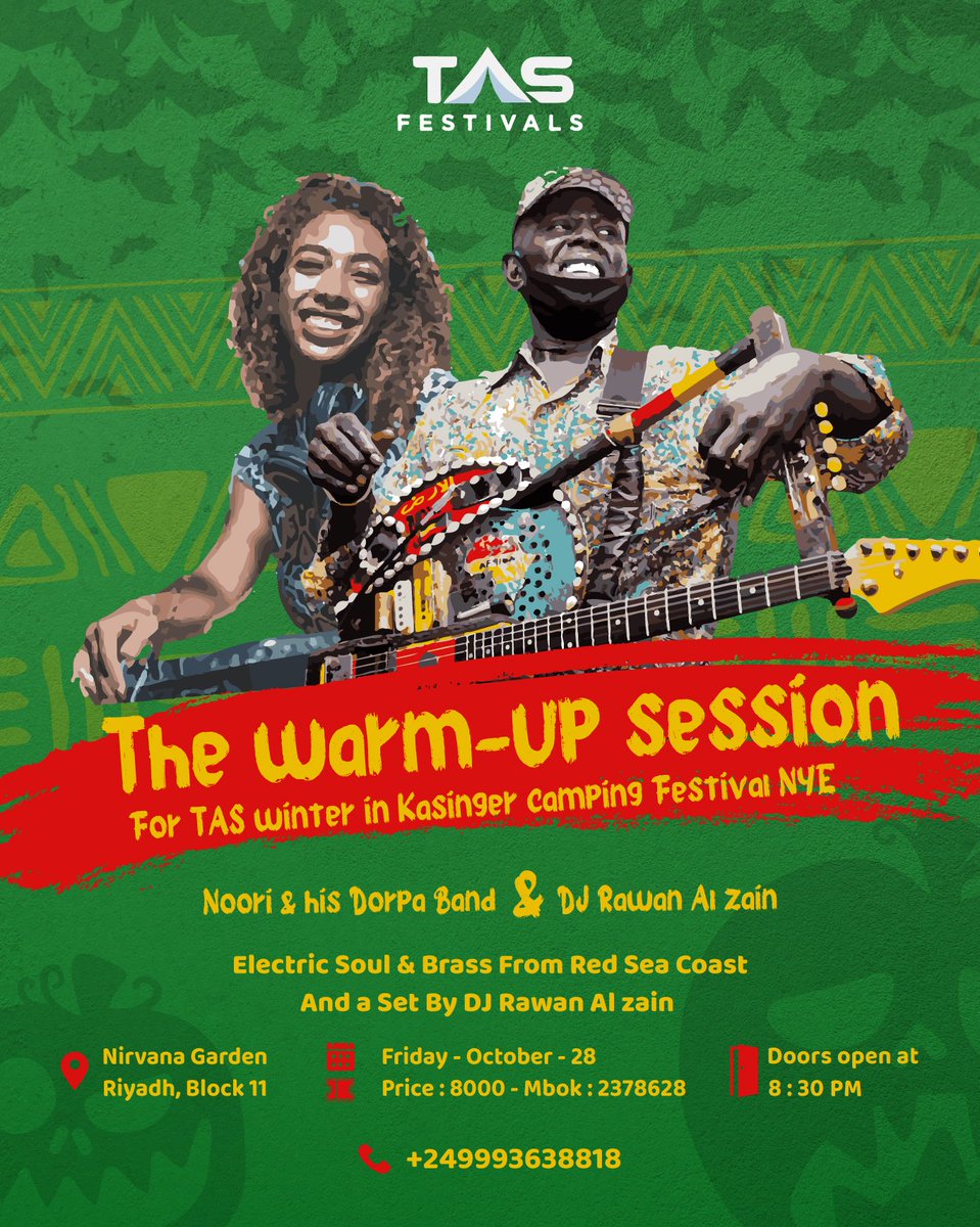 In anticipation of the upcoming annual TAS camping festival, Join us for a night of Sudanese electric soul by Noori and his Dorpa Band followed by a set from DJ Rawan Al Zain. Spooky treats for sale so costumes ar encouraged
For Booking Dm or contact us on 
+249993638818