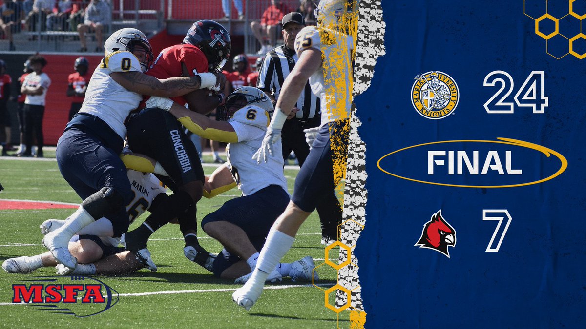MUKnights's tweet photo. THE STREAK IS OVER!!!!

@MarianUFootball earns a complete team win and ends Concordia’s 27-game home winning streak improving to 6-1 on the season!!

Marian is coming home winners of a huge road win!! https://t.co/0yOylxn3Mc