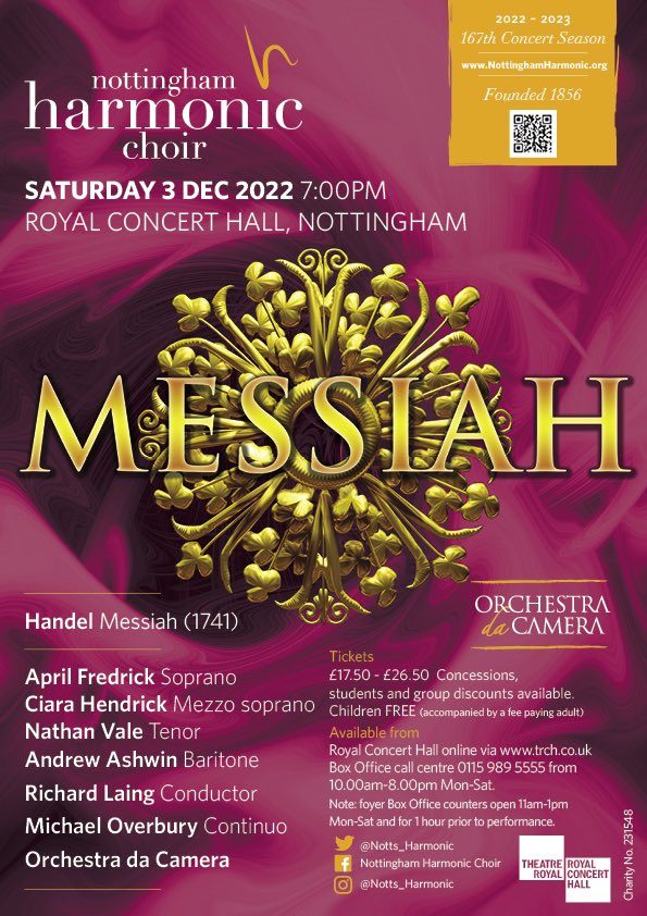Following our next concert we are back <a href="/RoyalNottingham/">TRCH</a> <a href="/ODAC_/">Orchestra da Camera</a> on Sat 3rd Dec for our annual Messiah <a href="/SingforJoy3/">April Lyn Fredrick</a> <a href="/Ciarahendrick5/">Ciara hendrick</a> <a href="/NathanValeTenor/">Nathan Vale</a> <a href="/AndrewAshwin/">Ashwin Andrew</a> 
Haven’t heard it sung live before? Come listen - it’s always a favourites.
Ticket link - trch.co.uk/whats-on/the-m…