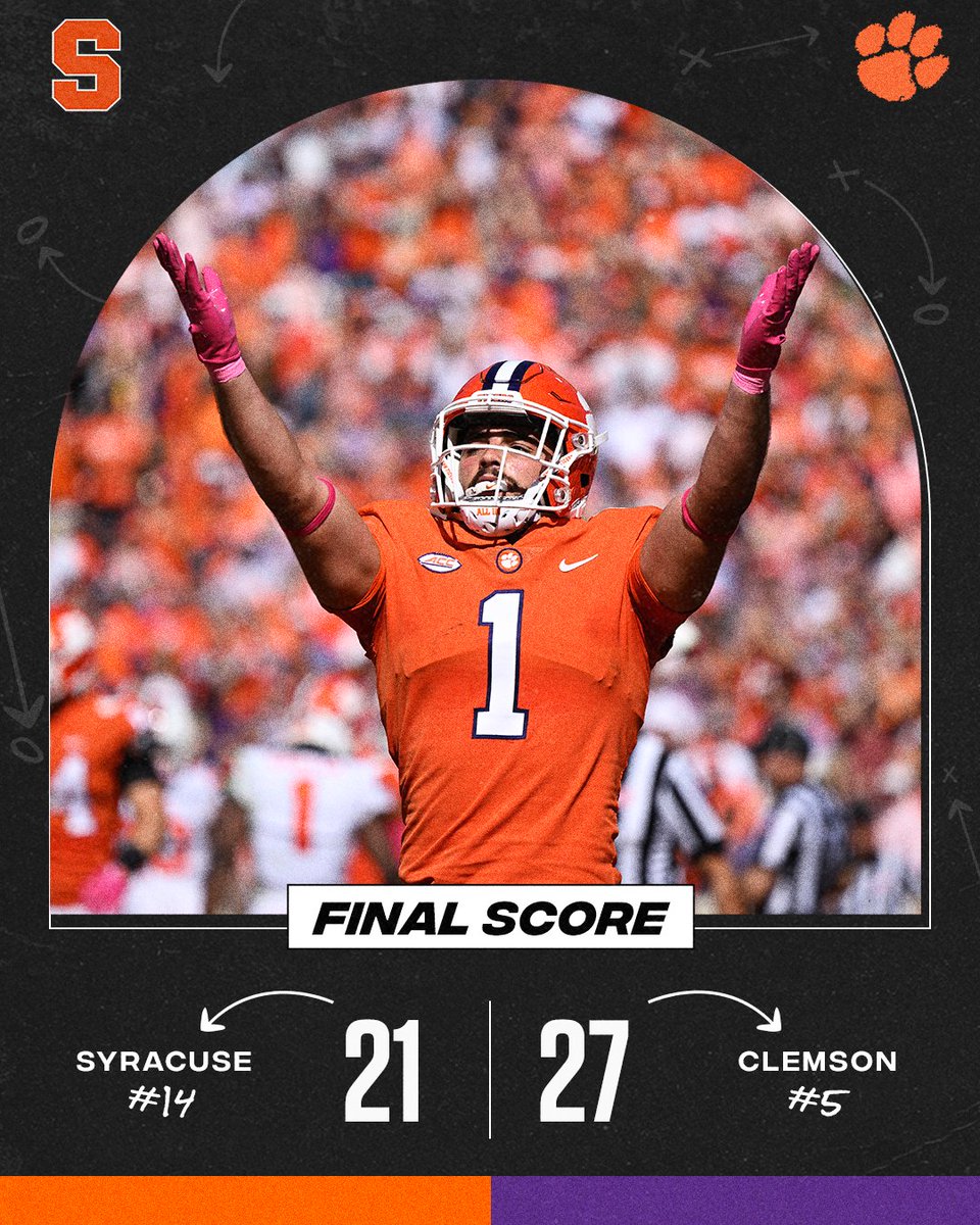 COMEBACK COMPLETE 🐅 Clemson survives an upset bid from Syracuse to move to 8-0 on the season.