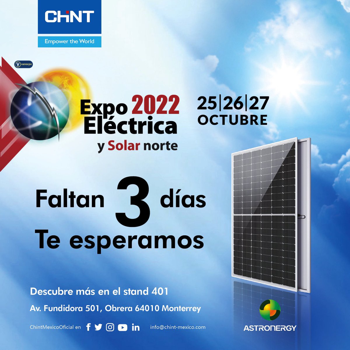 Comienza la cuenta regresiva... Ven a visitarnos este 25, 26 y 27 de Octubre en <a href="/_expoelectrica/">_expoelectrica</a> #ConoceElPoderDeChint #ChintElectric #ChintMexico #BajaTension #CPS #Inversores #EnergiaSolar #Noark #Astronergy