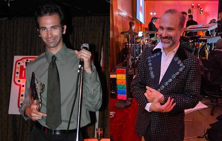NoahTarnow's tweet photo. The first known photo of me as quizmaster alongside the most recent photo of me as quizmaster (last night). The @BigQuizThing debuted 20 years ago today. #LiveTrivia https://t.co/1NINUCQPc7