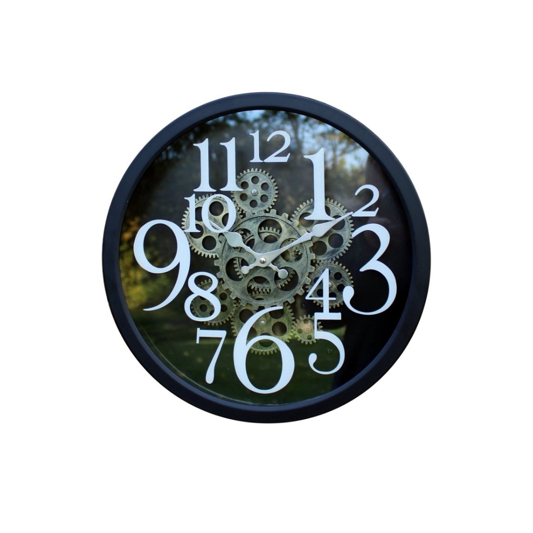 Moving gear wall clock, black metal 38cm   

A sturdy, wall hanging clock featuring an ornamental moving gear display inside a glass and black metal frame. Made of metal, glass and plastic, this clock requires 3 x AA batteries
<a href="/ExclusiveFurni2/">Exclusive Furniture</a>