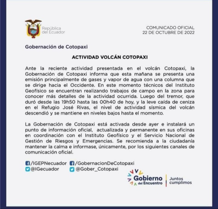 #VolcánCotopaxi | Tremor y caída de ceniza se registraron en el coloso.