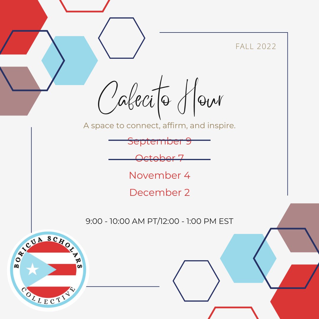 We have 2 more Cafecito Hour this semester! 

Let's be in community, and find to be present during these challenging times.

Registration in Bio.