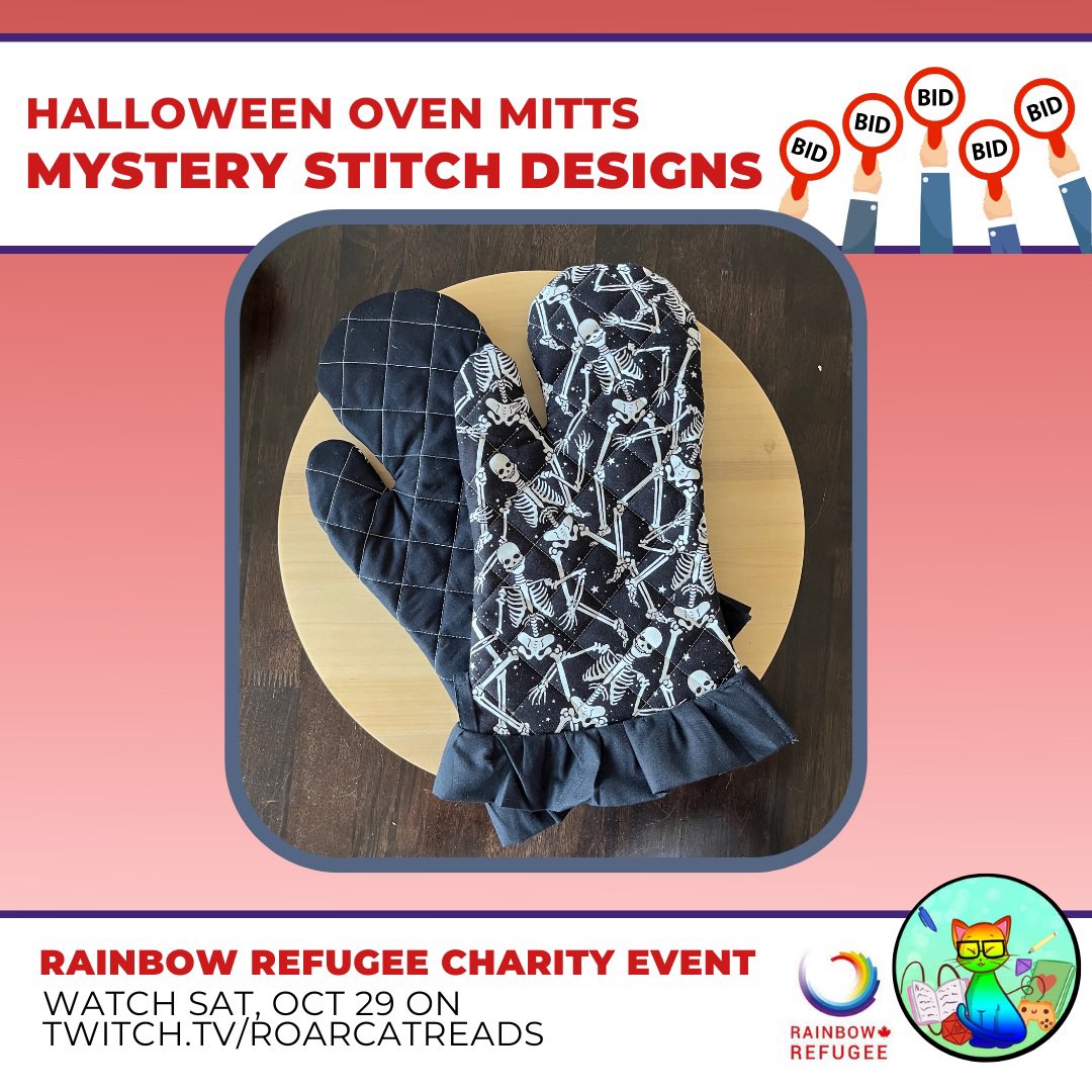 Thank you @mysterystitchdesigns for donating two pairs of quilted glow-in-the-dark Halloween Oven Mitts to our silent auction raising money for <a href="/rainbowrefugee/">Rainbow Refugee</a>

🧑‍🍳Bid now at 32auctions.com/organizations/…