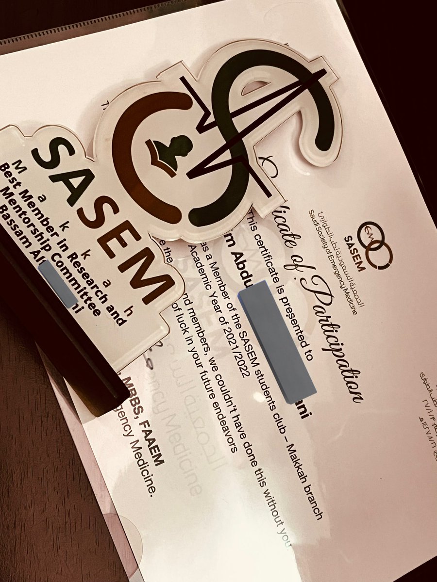 BBaas2dr's tweet image. 🥳🥳✍🏻
Best Member of Research and Mentorship Committee with SASEM 2021/2022 

شكراً للتيم الرهيب باللجنة البحثية في نادي ساسم
د. افنان, د. مروج, د. نزار ✍🏻

و اخيراً, تحية لطب الطوارئ 🫡🚨
الله يسهلها ويكتبلنا الي فيله الخير, قربت🤍✍🏻

#SASEM_SC_MAKKAH