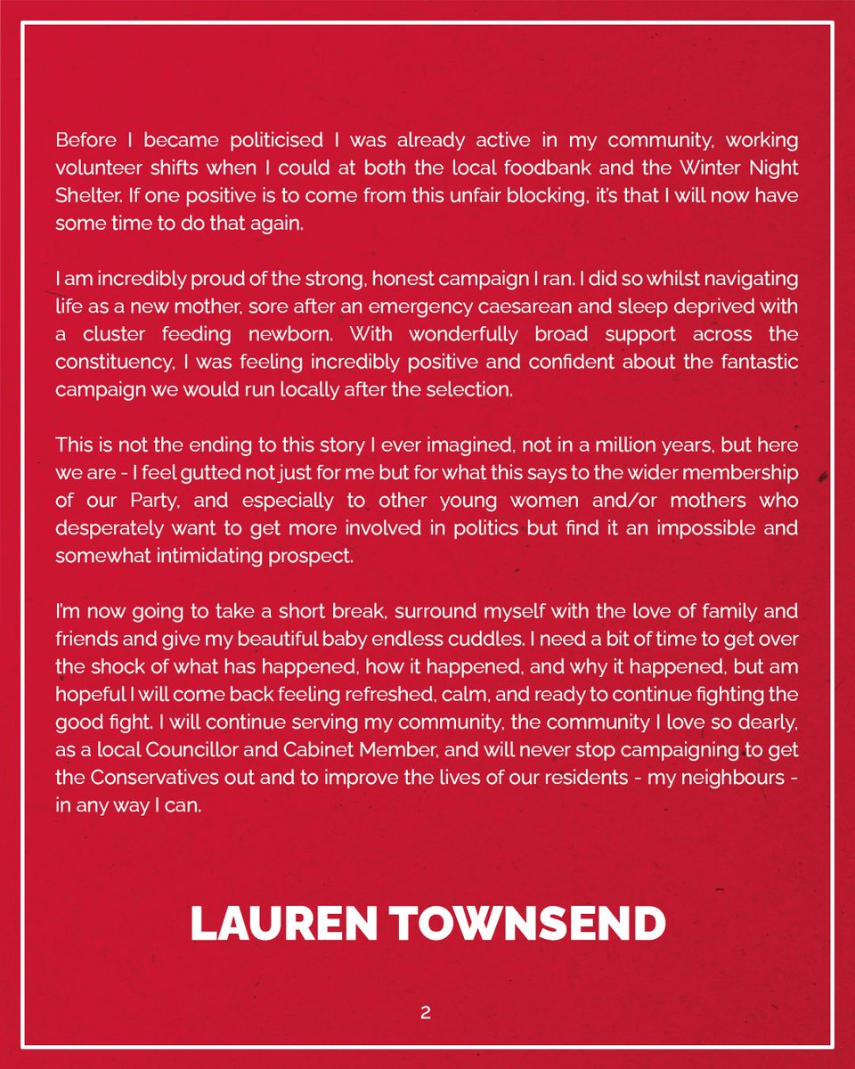 LaurenJTownsend's tweet photo. Last night I was given the devastating news that I am being blocked from standing to be Milton Keynes North’s next Labour candidate &amp; MP. 

Thank you to all those who supported &amp; helped on my campaign. I feel crushed &amp; will now be taking some time off to process.

Full statement: https://t.co/5eknQvuVpl