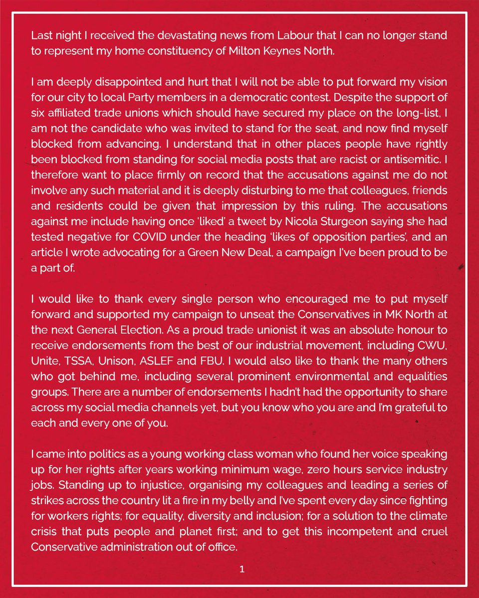 LaurenJTownsend's tweet photo. Last night I was given the devastating news that I am being blocked from standing to be Milton Keynes North’s next Labour candidate &amp; MP. 

Thank you to all those who supported &amp; helped on my campaign. I feel crushed &amp; will now be taking some time off to process.

Full statement: https://t.co/5eknQvuVpl