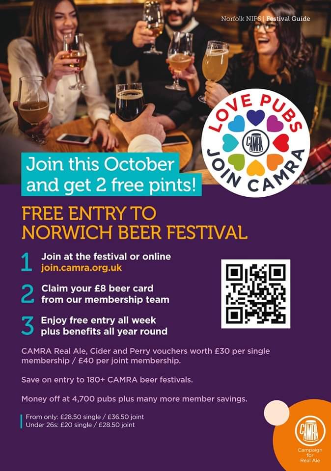 New member offer available to anyone who joins CAMRA in October.

Plus an exclusive offer for pub staff... if you have a WHITE wristband from Norwich and Beyond Pub Festival.

Visit instagram.com/p/CkB0TZ1jzlF/…
