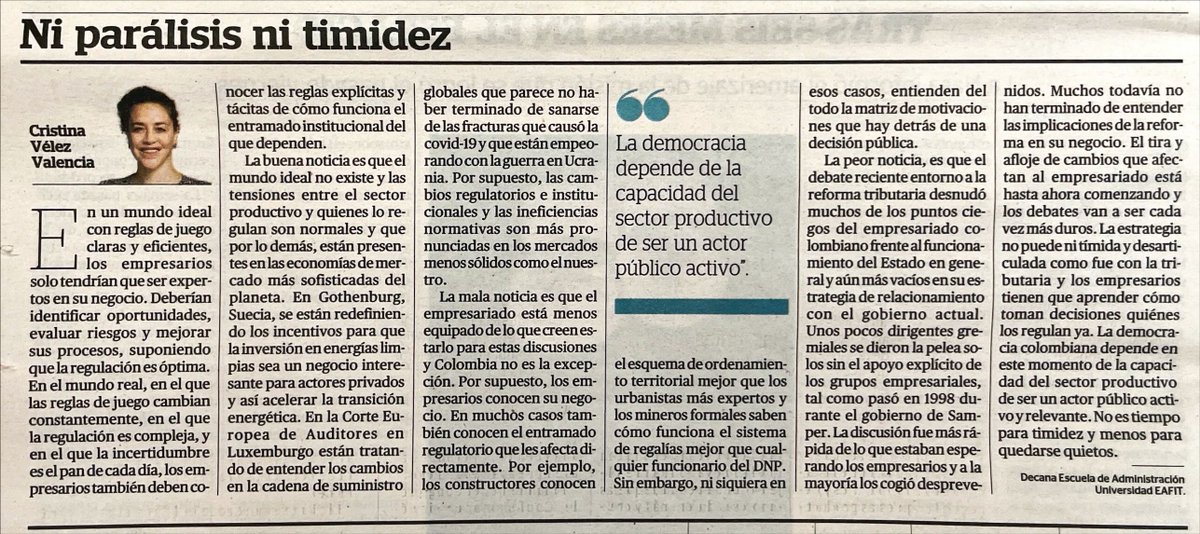 AceleraLegal's tweet photo. Esta semana recomendamos esta columna de la Decana de la Escuela de Administración de la @EAFIT sobre el abordaje que debe tener el sector productivo. https://t.co/WhkHIZJPa4