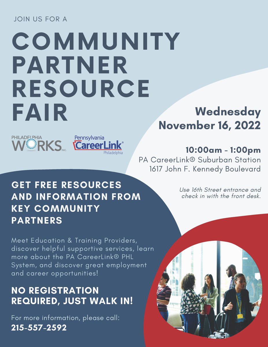 A Community Partner Resource Fair is coming to <a href="/PACareerLinkPHL/">PA CareerLink® Philadelphia</a> Suburban Station! Sponsored by #PhilaWorks. You will not want to miss this. #Education #Training #CareerOpportunities 
No registration required - Just walk in! Like and share!
#Resourcefair #PHL #Philadelphia #Philly