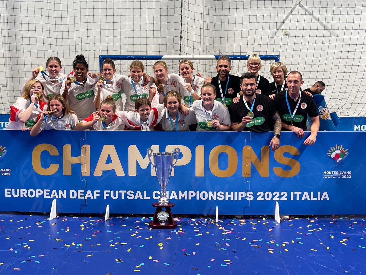 engdeaffutsal's tweet photo. DEAF EUROPEAN FUTSAL CHAMPIONS 2022

ENGLAND WOMEN!🦁🦁🦁
#DeafLionesses #DeafEuropeanFutsalChampions #Champions #Winners #DeafFutsal #WinnersTrophy #Celebration #SpecSavers https://t.co/4rwz4f3S0l