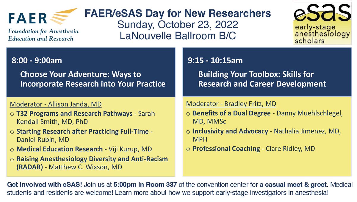 Early-Stage Anesthesiology Scholars (@esasanesthesia) on Twitter photo Medical students and residents, don't forget to join us tomorrow at 8:00-10:15am LaNouvelle Ballroom B/C for the FAER/eSAS Day for New Researchers at #ANES22! We have an outstanding program prepared for you. <a href="/FAERanesthesia/">FAER</a> <a href="/eSASAnesthesia/">Early-Stage Anesthesiology Scholars</a> <a href="/ASALifeline/">ASA®</a> <a href="/iars360/">IARS360</a> <a href="/womenMDinanesth/">Women in Anesthesiology</a> Medical students and residents, don't forget to join us tomorrow at 8:00-10:15am LaNouvelle Ballroom B/C for the FAER/eSAS Day for New Researchers at #ANES22! We have an outstanding program prepared for you. <a href="/FAERanesthesia/">FAER</a> <a href="/eSASAnesthesia/">Early-Stage Anesthesiology Scholars</a> <a href="/ASALifeline/">ASA®</a> <a href="/iars360/">IARS360</a> <a href="/womenMDinanesth/">Women in Anesthesiology</a>