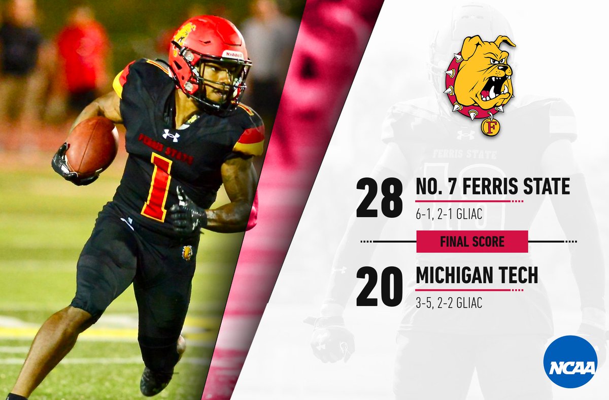 FerrisState's tweet photo. The @FerrisFootball team, ranked seventh in the nation, bounced back for a win to improve to 6-1 on the season. #FerrisForward #FERR1S https://t.co/wv0PLNK5H2