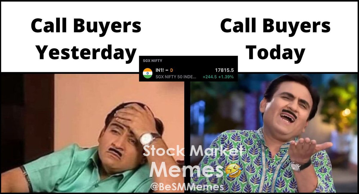 BeSMMemes's tweet photo. 🔰NIFTY Call Option Buyers 

Yesterday😭😢 &amp; Today 😎😆
#SGXNIFTY +244 Points UP

👉https://t.co/5ZVwR5xS8H
#OptionBuyers #SGXNIFTY #GapUpOpening
#Memes #StockMarketMemes @BeSMMemes https://t.co/Z4l5q5o0jT
