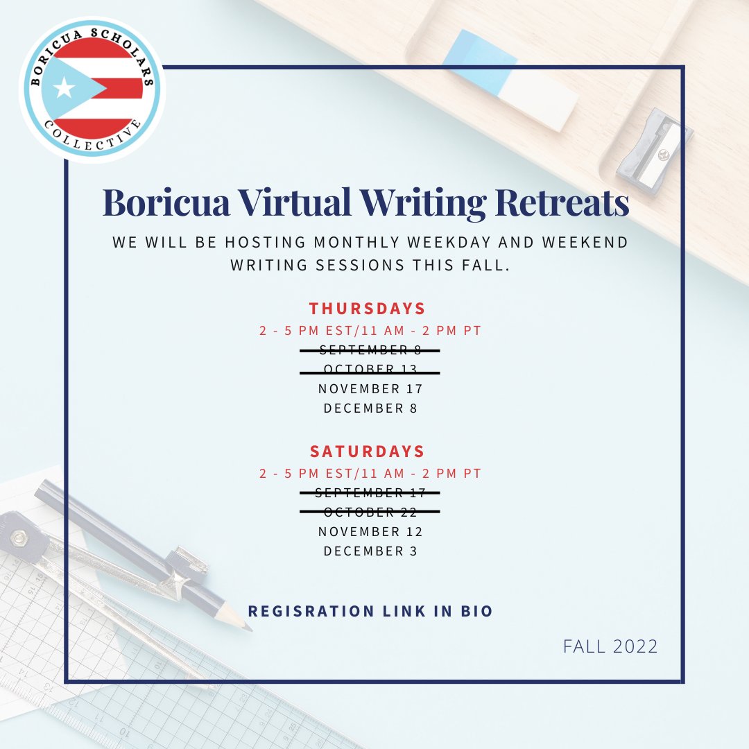 Thank you to those that join us today for our Boricua Scholars Writing Retreat.

We have 4 more retreats this semester. We host two monlty retreats, one on Thursday and one on Saturday.

Let's work in community.

Registration in Bio.