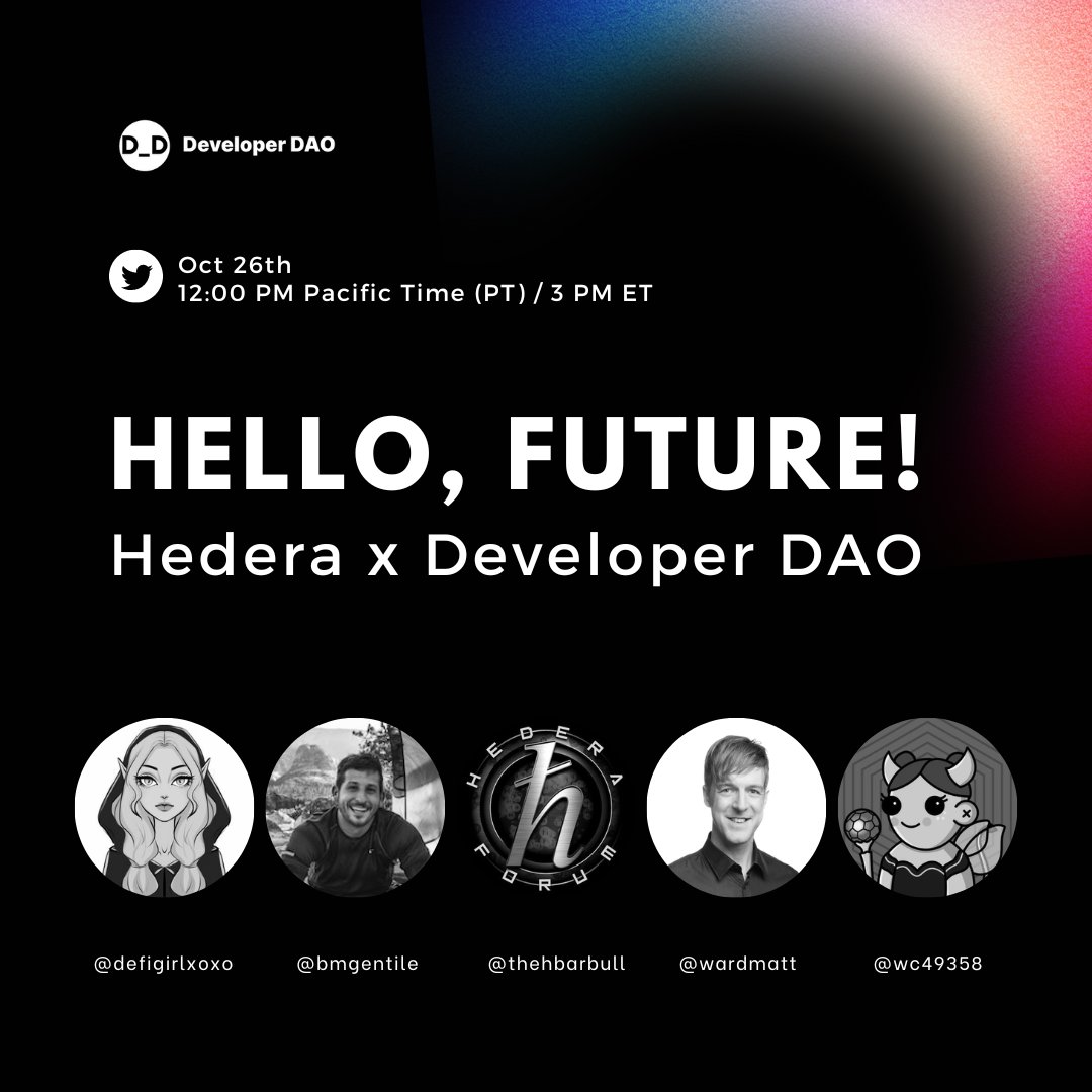 👀 Hedera x Developer DAO 🛠️ Meet the team and learn what you can build on @hedera. Set Reminder: twitter.com/i/spaces/1lPJq…