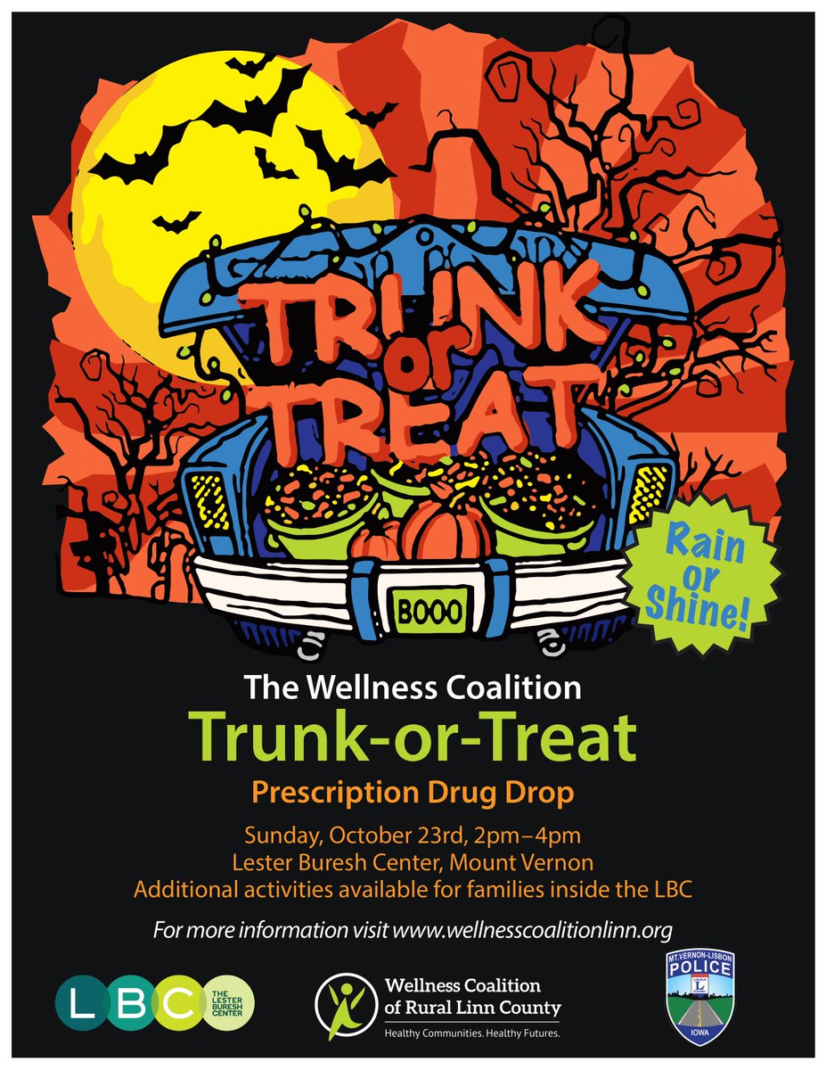 Foundation2Iowa's tweet photo. We will be at the #TrunkorTreat in Mt. Vernon with the Wellness Coalition of Rural Linn County tomorrow! Come see us and Your Life Iowa to learn about available support services in your community surrounding mental health, alcohol, substance use, and more. https://t.co/q8nv9rFLxp