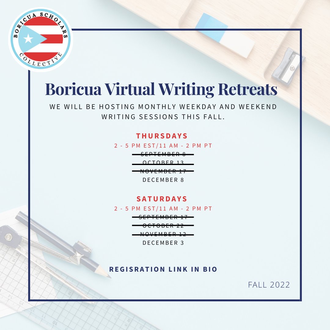 As we enter the last month of year, we wanted to share a reminder that we will be hosting our last two writing sessions for the semester. 

Registration in Bio.