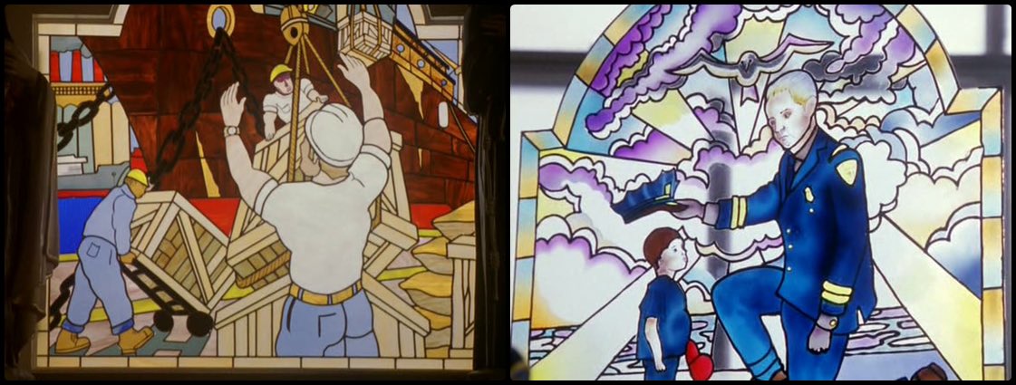 I love that season 2 of The Wire is about a fight between dockworkers, who want a church to have a socialist realism stained glass window, and the police, who want the church to have police-themed bladee album artwork as their stained glass window