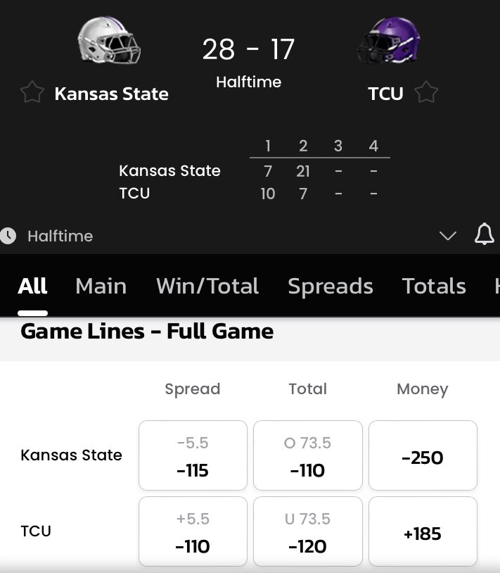 Live lines at the half for Kansas State-TCU 👇