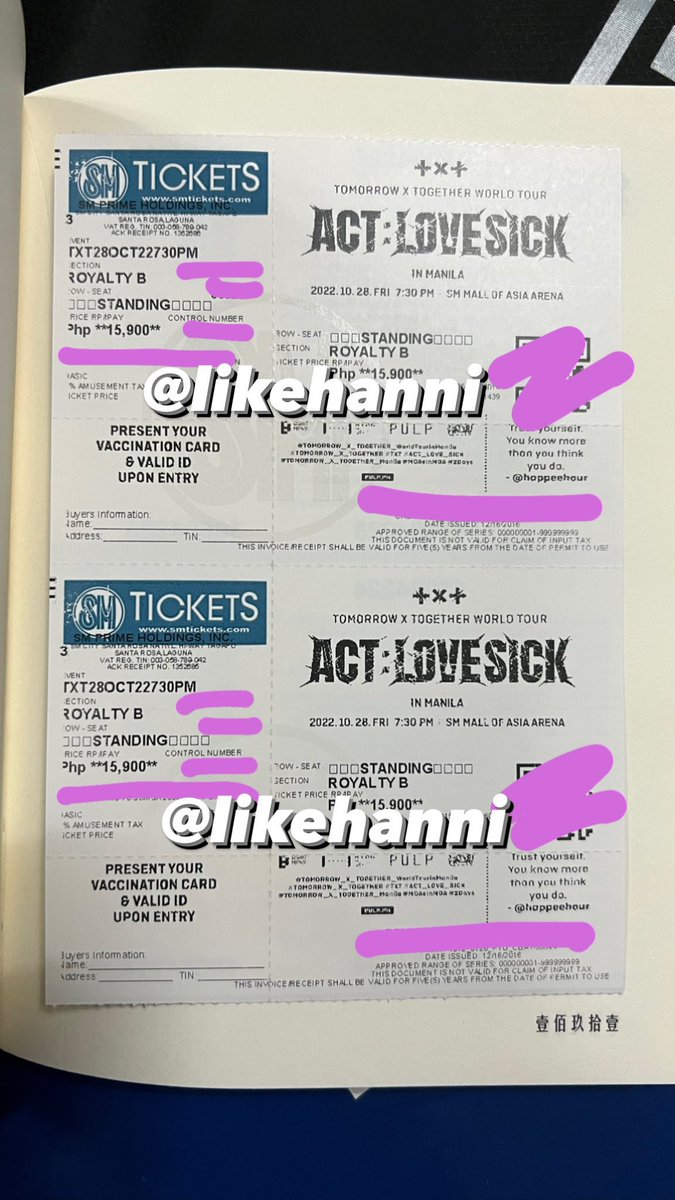 likehanni's tweet photo. WTS LFB

1 tix DAY 2 [OCT 28] ROYALTY B
-TIMESTAMP 12:07

no dp, payment upon meet up

meet up in MOA 

#ACTLOVESICKinMANILA txt moas mnl tomorrow x together world tour act lovesick manila for sale selling lf ticket 

#TOMORROW_X_TOGETHER_Manila https://t.co/HBH1bj3E6g