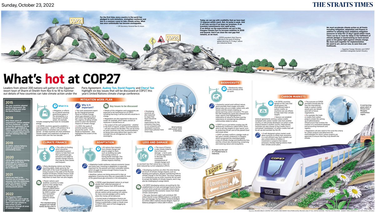 What’s hot at #cop27? We summarise the six issues that will be prominent at this year’s conference, in one tear sheet for easy reference! straitstimes.com/singapore/what… @FogartyClimate @cheryltans