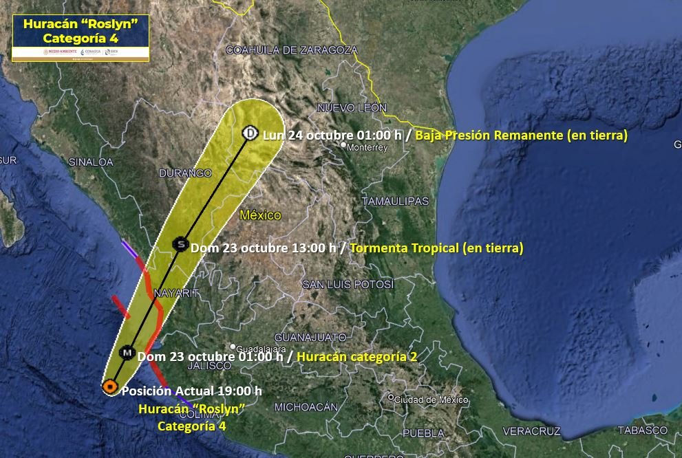 PCJalisco's tweet photo. #Atencion a las 19:00 horas el Huracán ROSLYN se mantiene con Categoría IV, se sitúa a unos 165 km al Oeste de Punta Pérula y a unos 145 km al Suroeste de Cabo Corrientes. Al momento cambió su rumbo hacia el Norte, aumentando su velocidad de movimiento a 17 km/h. https://t.co/SvWrnrm3lv