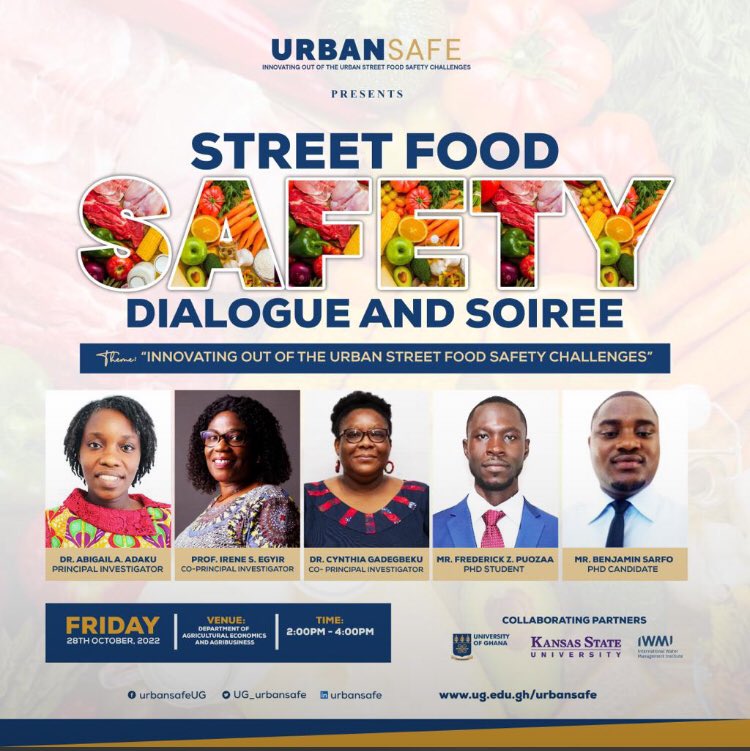 UG_urbansafe's tweet photo. Urban safe to hold a street food dialogue and soiree.

Details of Program

Date: 28th October 2022
Time: 2:00 PM - 4:00 PM
Venue: Department of Agricultural Economics and Agribusiness University of Ghana, Legon https://t.co/xM0bU8bSPn