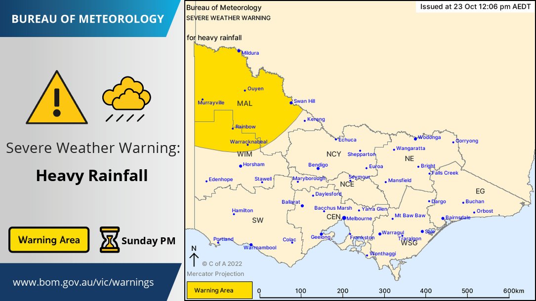 ⚠️ Severe Weather Warning ⚠️ issued for the #Mallee district and northern parts of the #Wimmera district. Heavy rainfall is possible, particularly with thunderstorms. Further details at: bom.gov.au/products/IDV21…